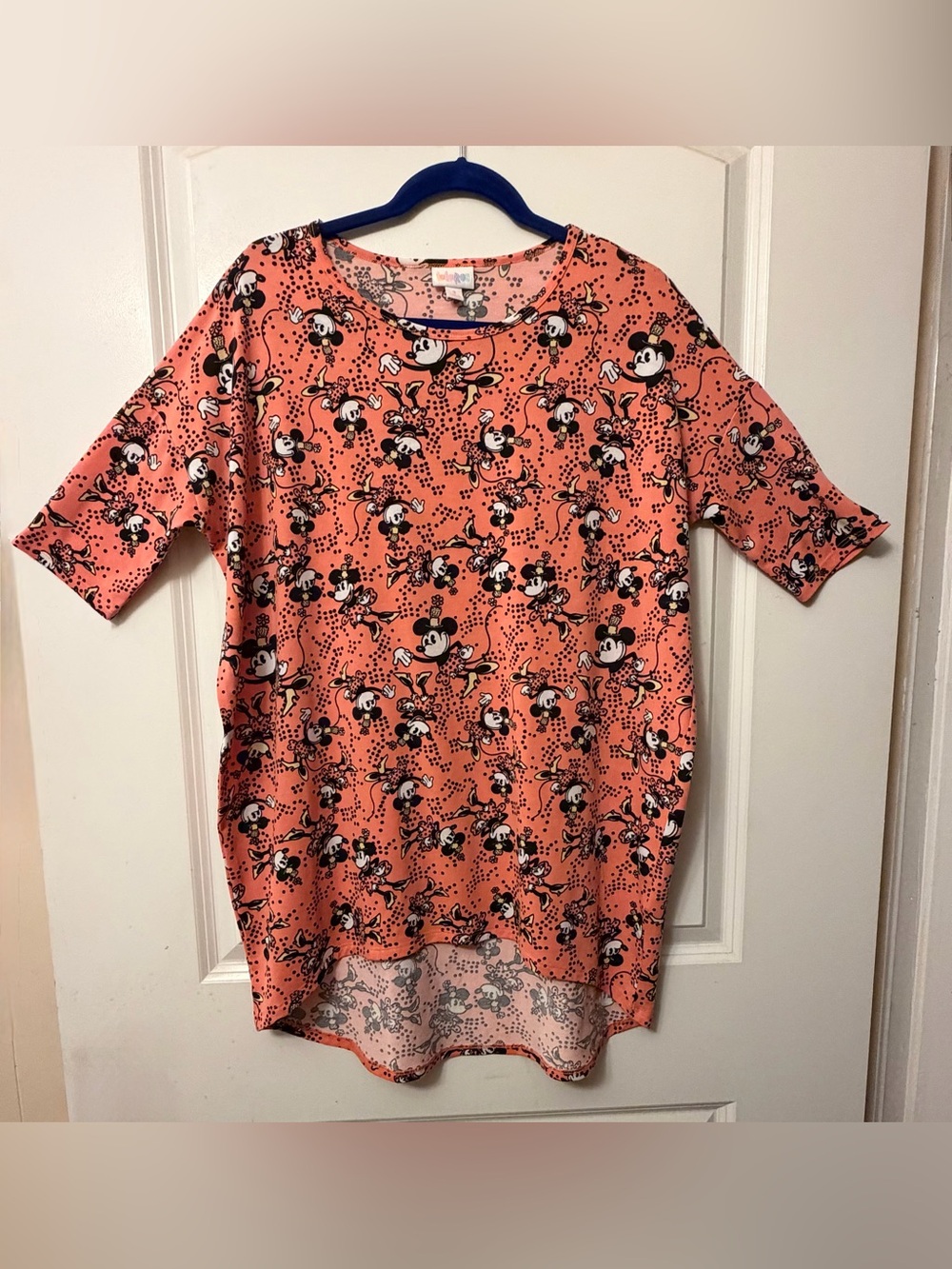 LuLaRoe Irma Small Disney Minnie Mouse Top Peach Orange with polka dots - Picture 2 of 8